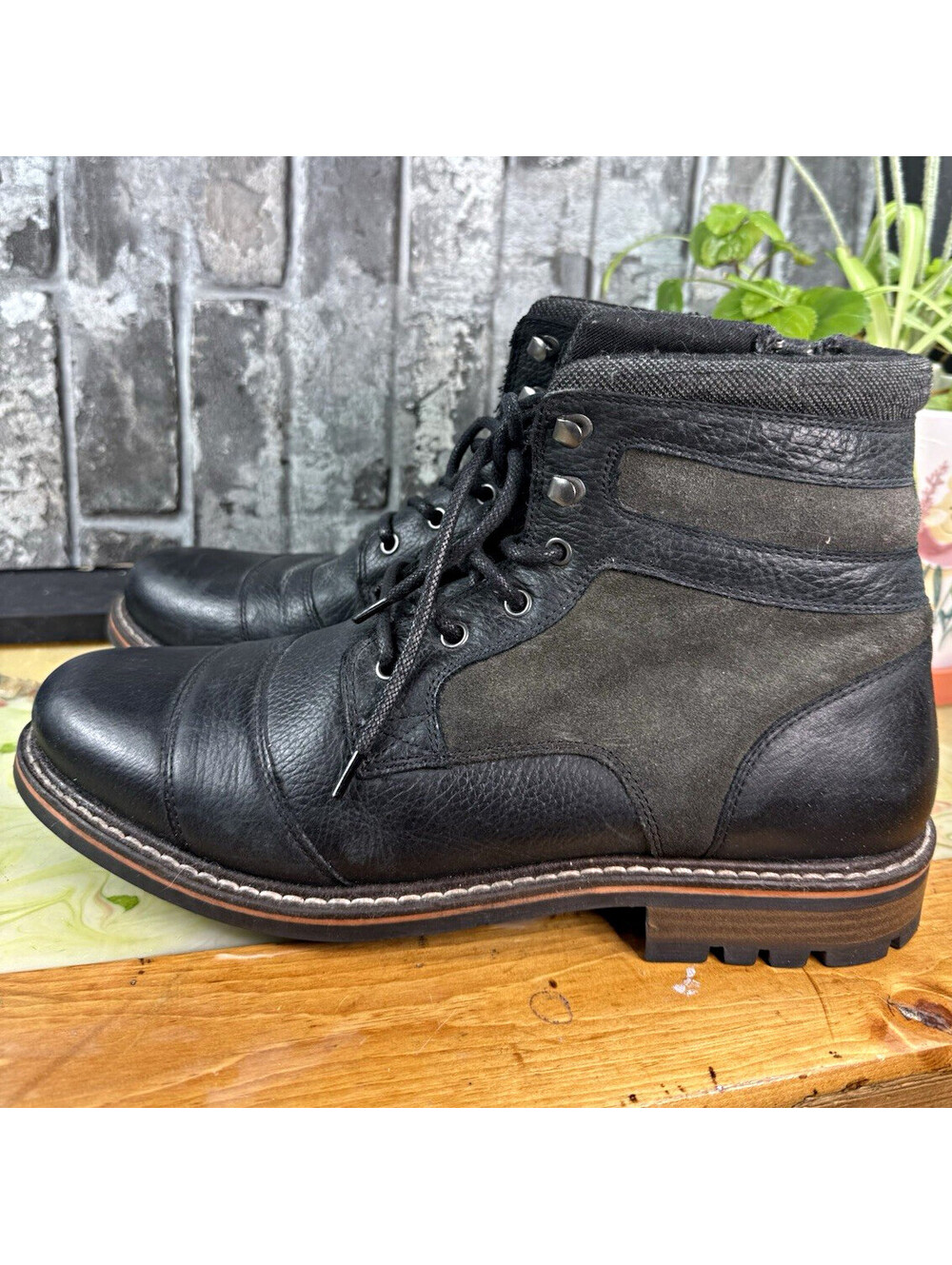 Crevo Men’s Black Leather Combat Ankle Boots Lace-Up Cap Toe Round US 12